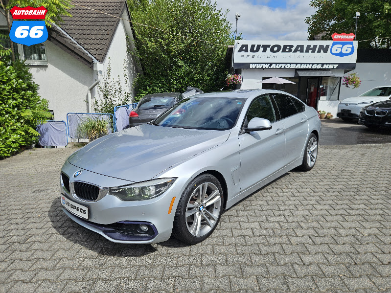 2018 BMW 430i Gran Coupe Glacier Silver front three-quarter at Autobahn66 Wiesbaden, US-spec tax-free