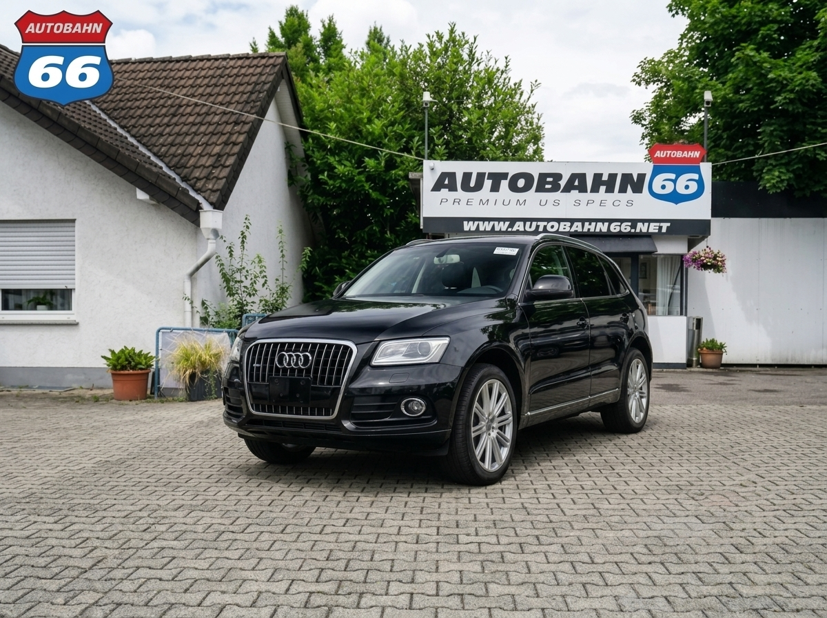 Black 2016 Audi Q5 2.0T quattro Premium Plus parked in front of the Autobahn66 dealership in Wiesbaden, Germany — US spec, tax-free for US military